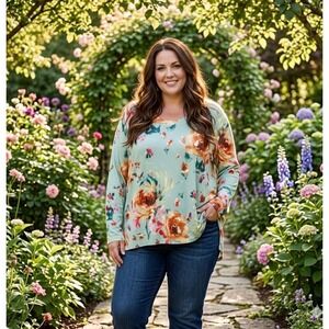 Soft Surroundings Tunic Top Sage Green Floral Knit Womens 2X Casual Party Office